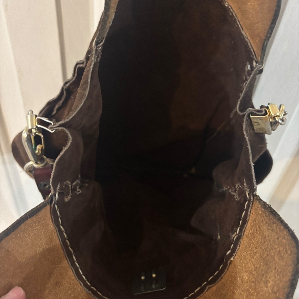 Vintage Brown Suede Leather Handbag with Embossed Top Handles - Picture 4 of 9